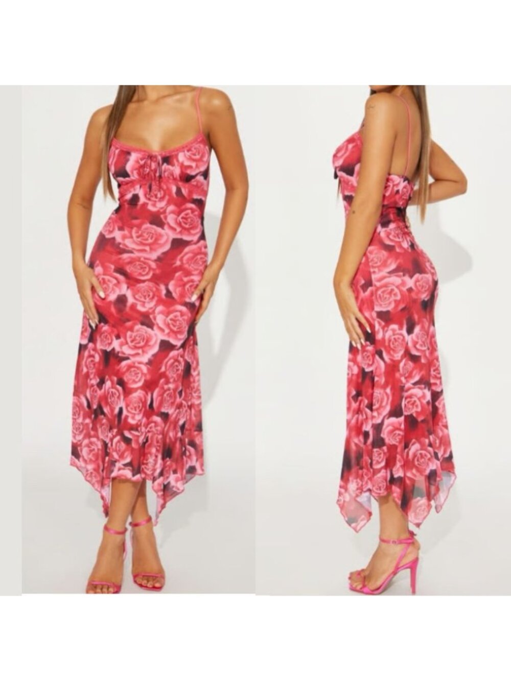 Babydoll Midi Slip Dress Red Pink Floral Sleeveless Hankerchief Hem Y2K Romantic